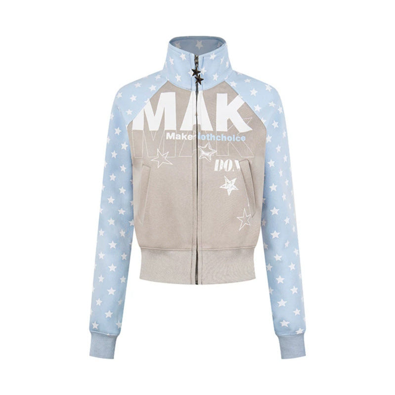 Women's cropped zip-up sweatshirt with stand-up collar, star print, and raglan sleeves Chichicherry