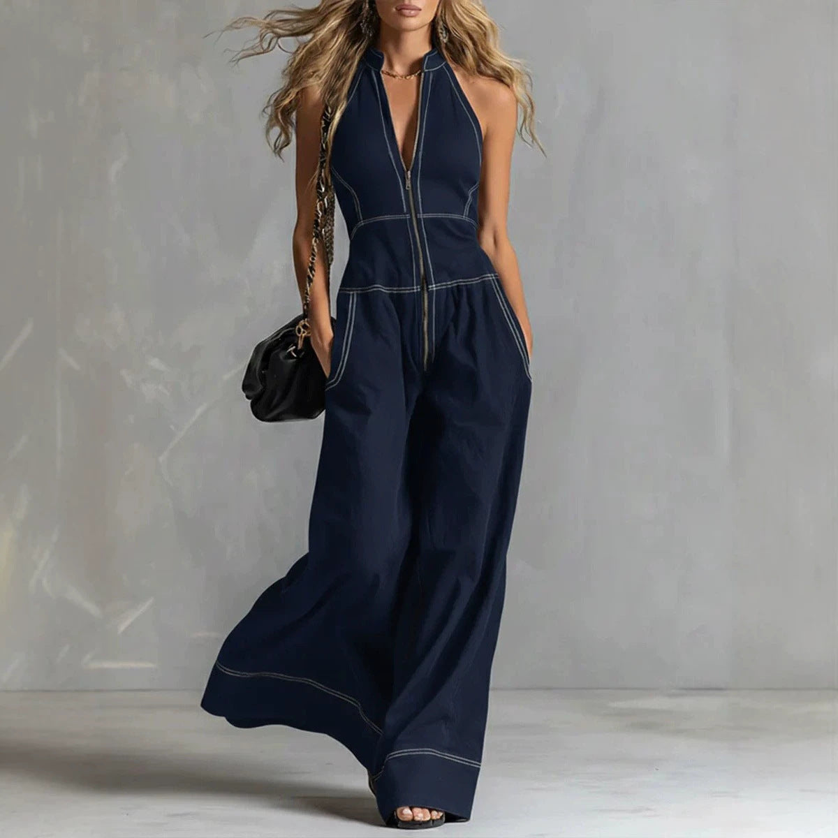Women's Sleeveless Halter Jumpsuit with Zipper, Wide Leg and Side Pockets Chichicherry