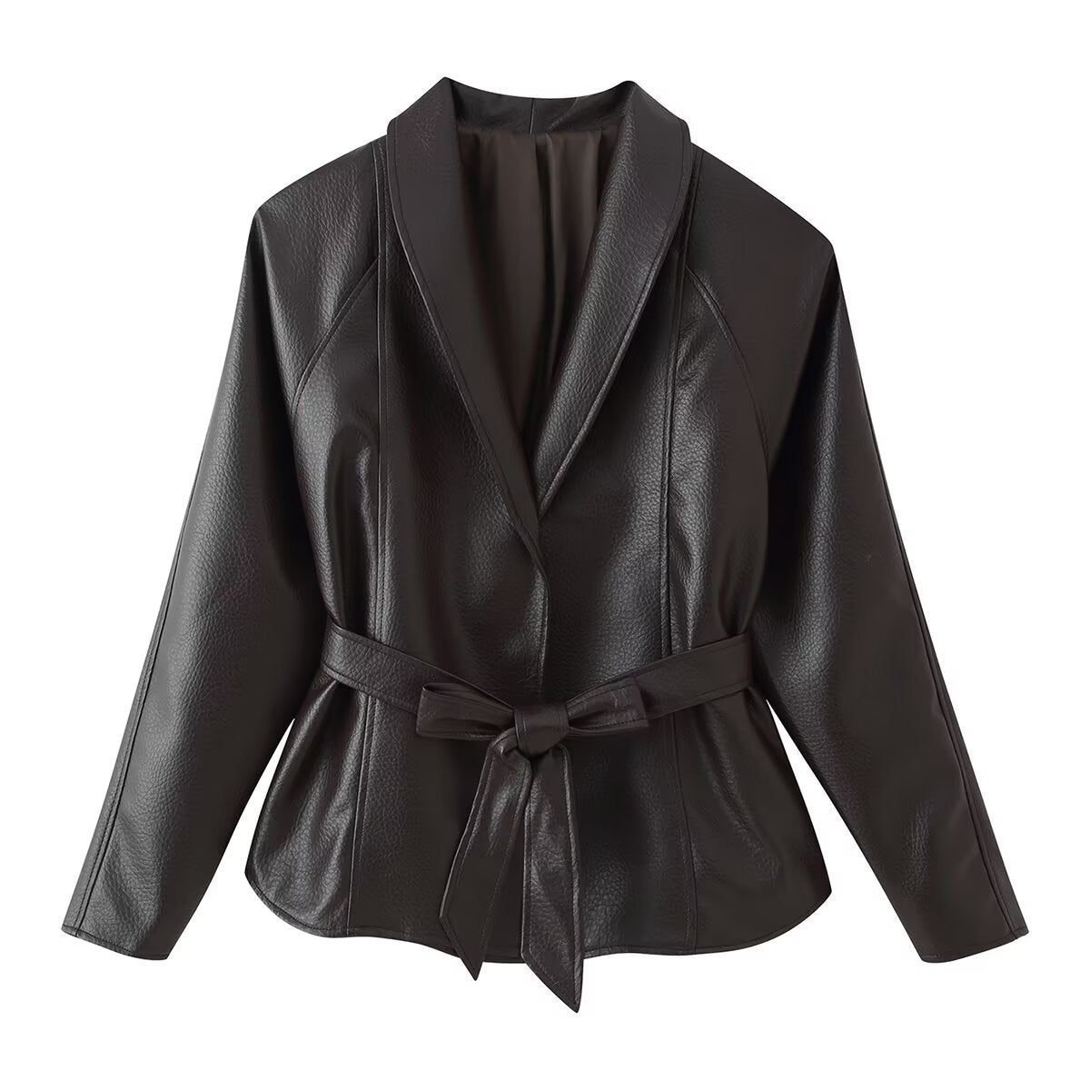Women's Tailored Tie-Belt Leather Blazer with Shawl Collar Chichicherry