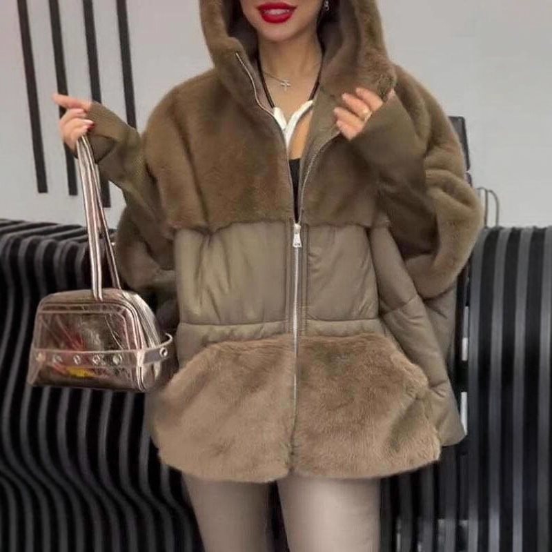 Women's Quilted Oversized Parka with Faux Fur Trim, Hood and Ribbed Cuffs Chichicherry
