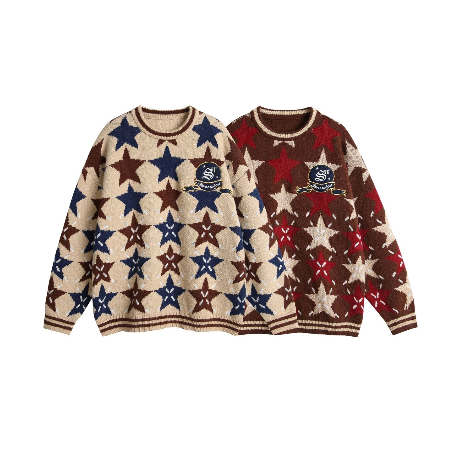 Unisex Chunky Knit Oversized Sweater with Star Intarsia and Embroidered Logo Patch Chichicherry