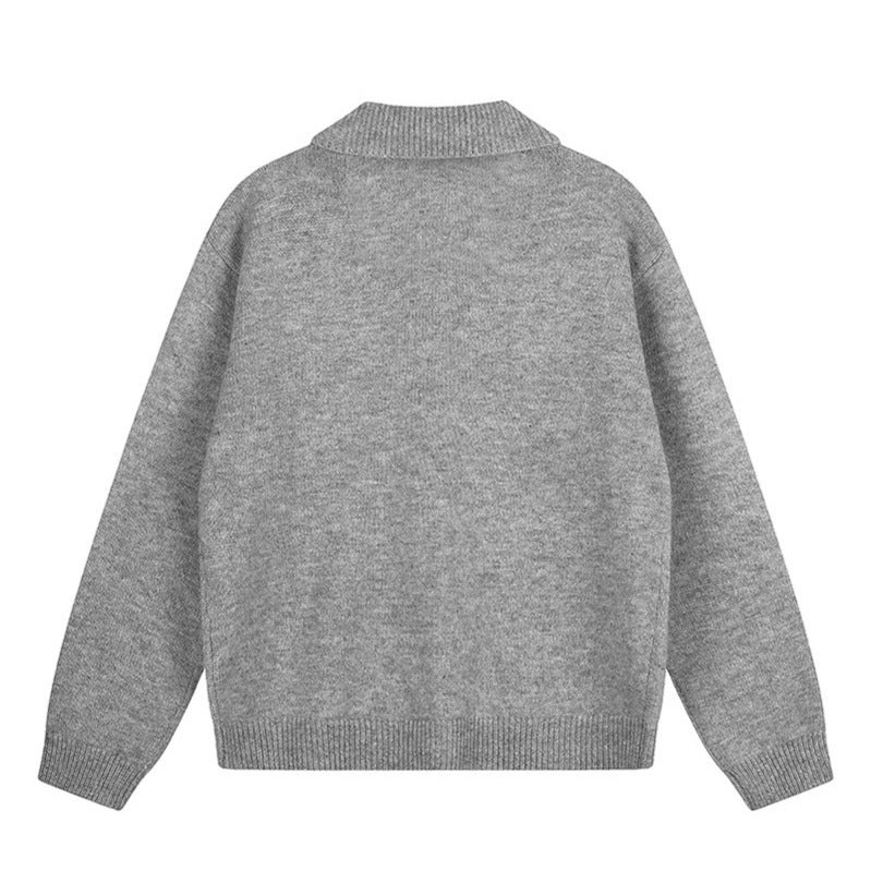 Women's knitted cardigan with shirt collar, button placket, and statement patch Chichicherry