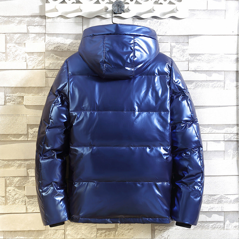 Men's shiny metallic padded jacket with hood, windproof surface and sporty utility design Chichicherry