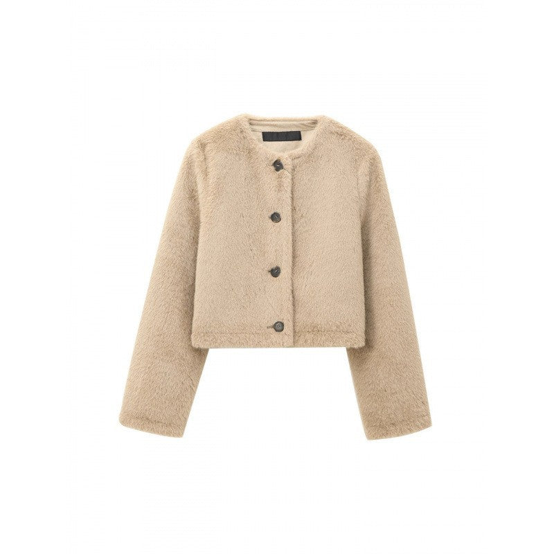 Women's Cropped Teddy Jacket with Straight Hem, Round Neck and Horn Button Closure Chichicherry