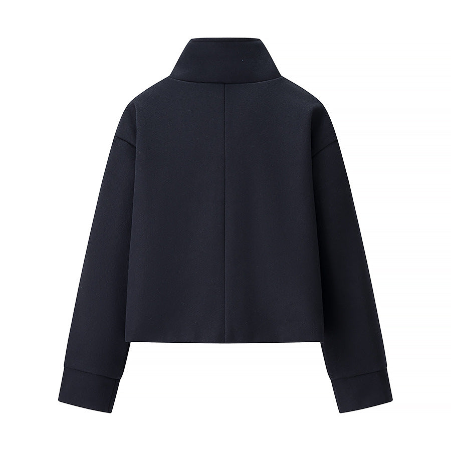 Women's Short Jacket Boxy Wool Blend with Stand-Up Collar, Oversized Sleeves and Button Placket Chichicherry