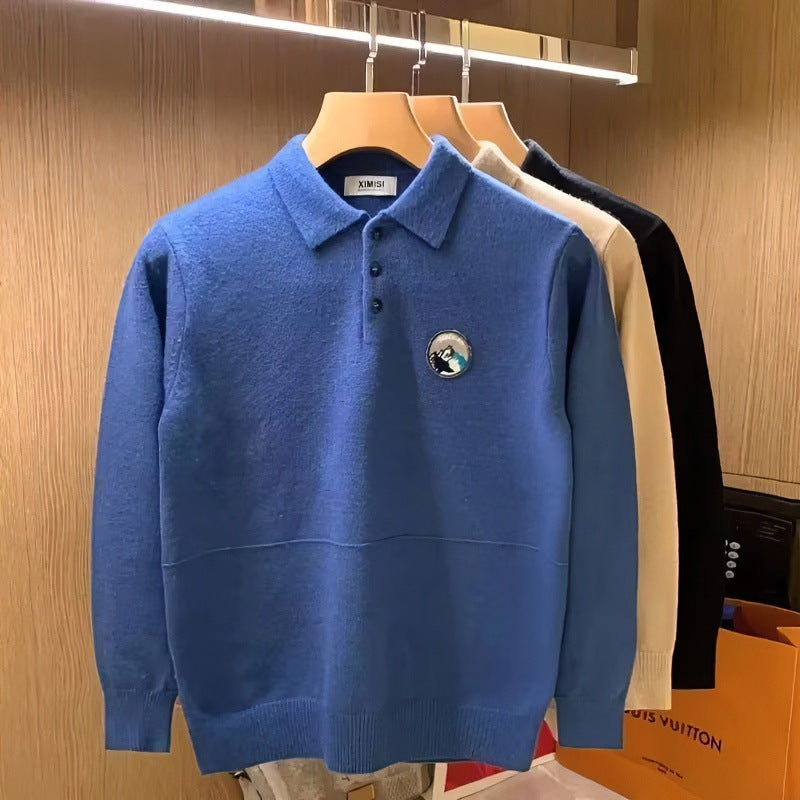 Herren Polokragen-Pullover aus weichem Flauschstrick mit Logo‑Patch Chichicherry