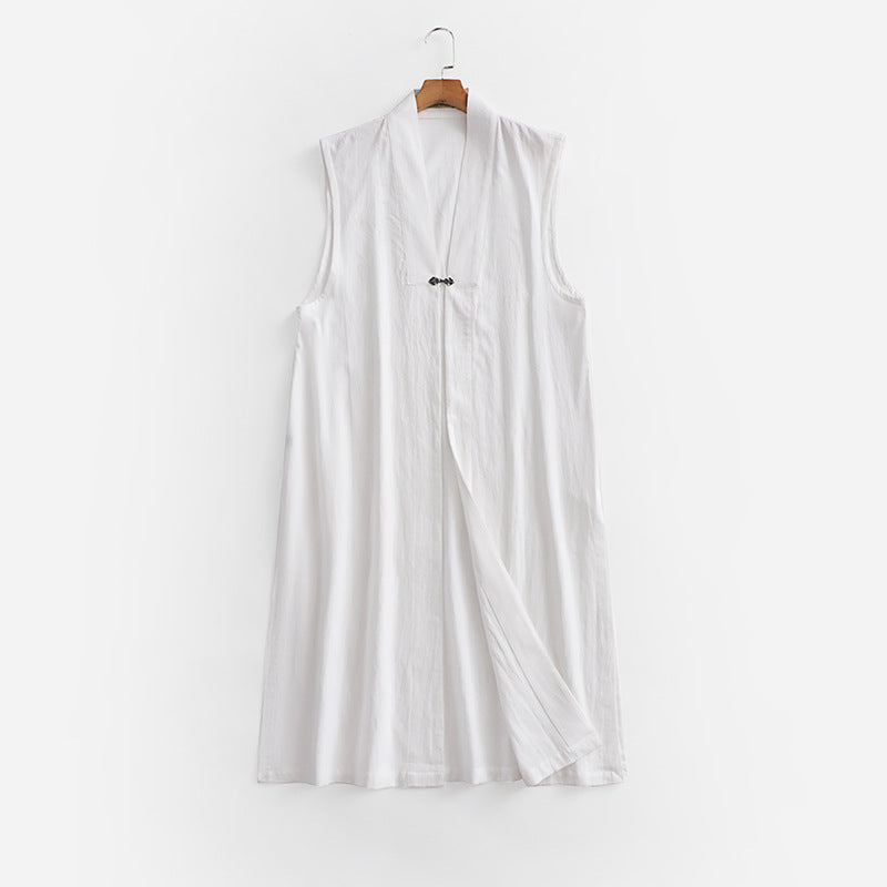 Women's Long Sleeveless Kimono Vest made of Linen Blend with Narrow Shawl Collar and Decorative Toggle Closure Chichicherry