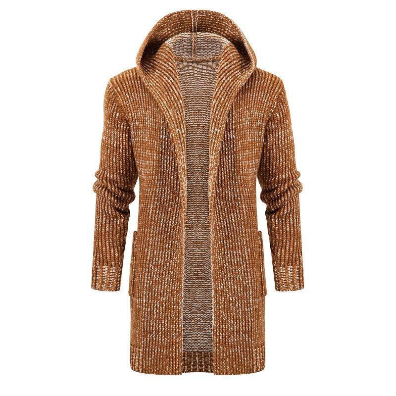 Women's Long Hooded Knit Cardigan with Deep Ribbed Texture and Patch Pockets Chichicherry