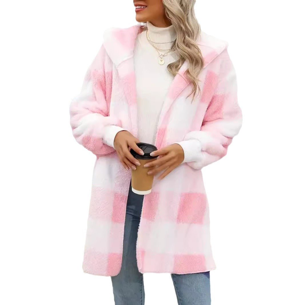 Women Oversize Checked Teddy Coat with Hood and Side Pockets Chichicherry