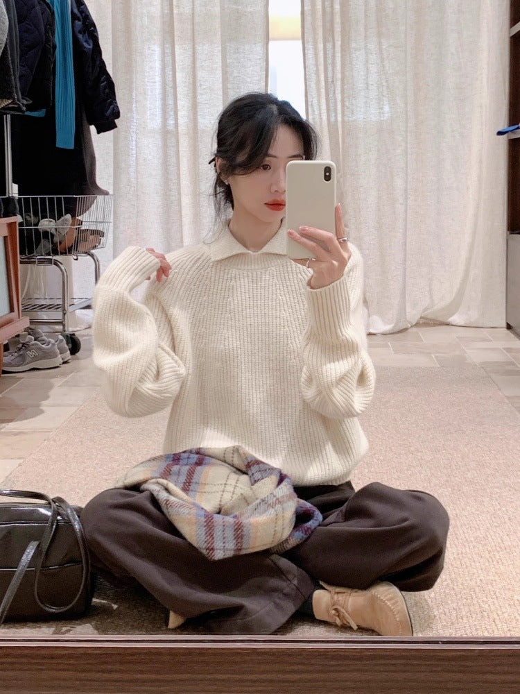 Women's Oversize Polo Collar Fine Knit Sweater with Ribbed Hem and Cashmere-like Feel Chichicherry