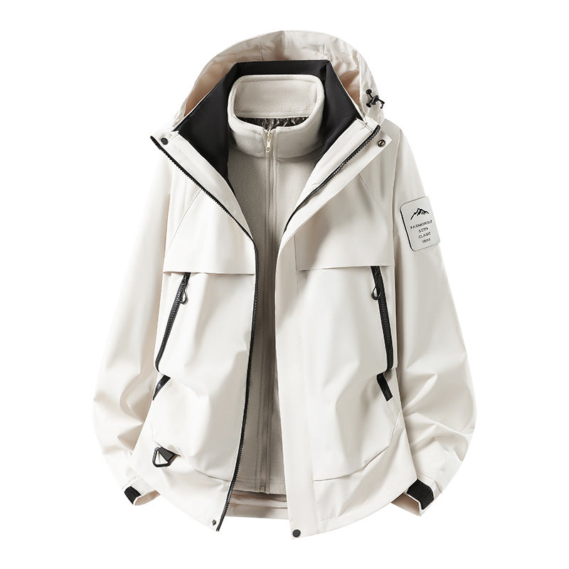 Men's modular waterproof outdoor jacket with removable fleece inner jacket, hood, and zippered pockets Chichicherry