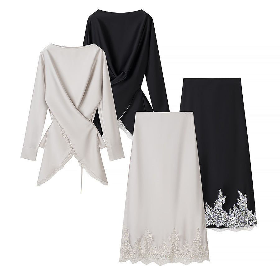 Women Two-Piece Silky Shimmering Wrap Blouse and Midi Skirt Set with Lace Edge Chichicherry