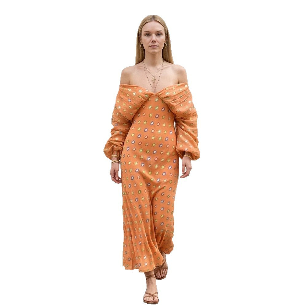 Women Elegant Off-Shoulder Maxi Dress with Twisted Front and Balloon Sleeves Chichicherry