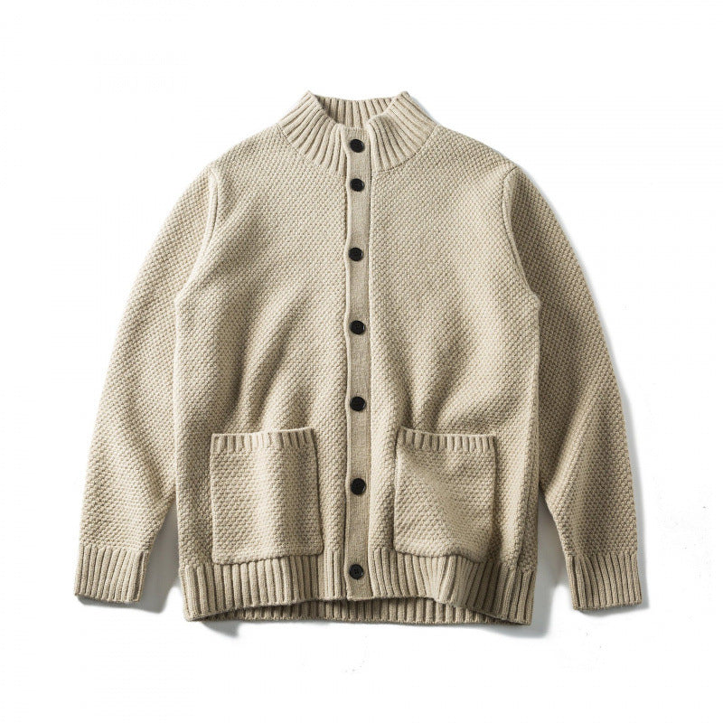 Unisex Structured Button Cardigan with Stand Collar and Patch Pockets Chichicherry