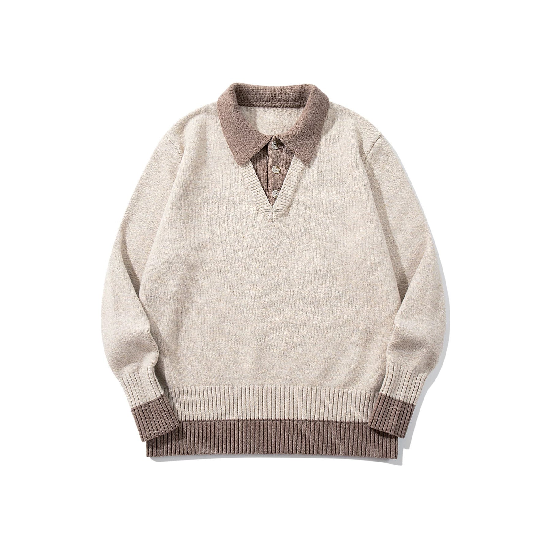 Men's Polo Collar Knitted Sweater with Button Placket and Contrasting Cuffs Chichicherry
