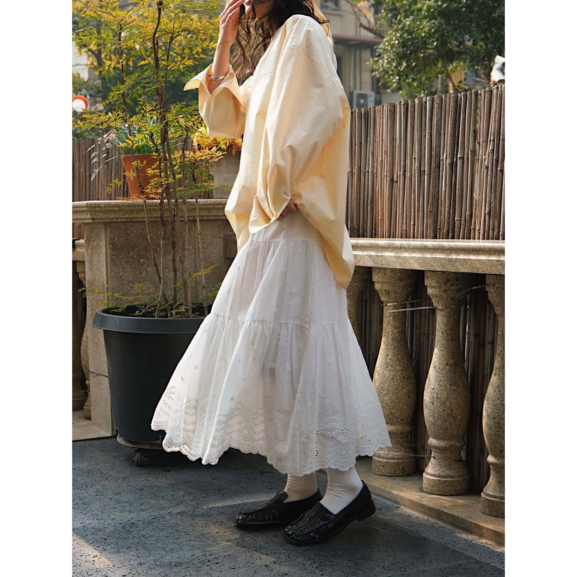 Ladies Long Tiered Ruffle Skirt made of Cotton Embroidery with Lace Edge Chichicherry
