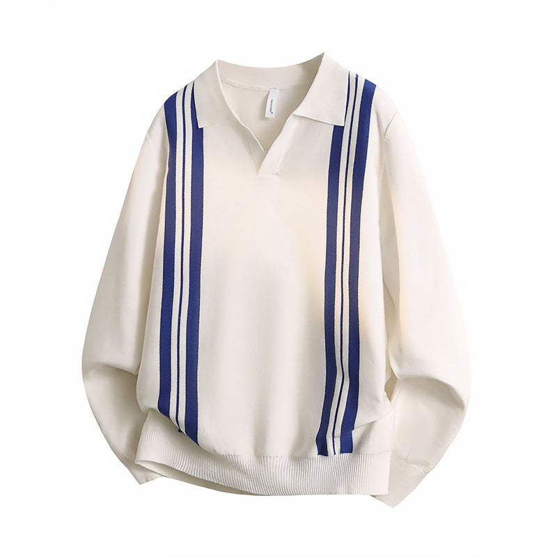 Unisex Feinstrick-Polo mit offenem V-Kragen und vertikalen Kontraststreifen Chichicherry