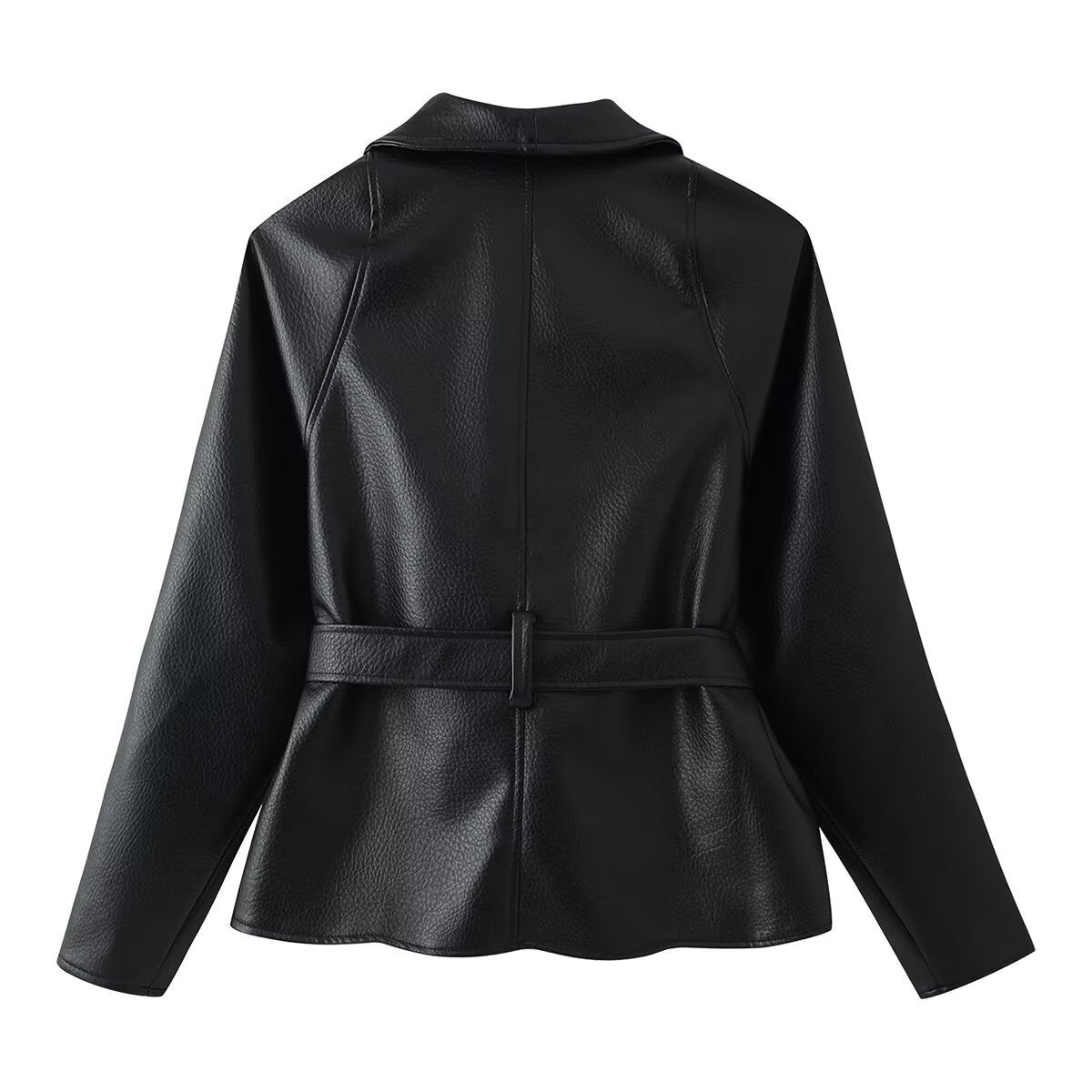 Women's Tailored Tie-Belt Leather Blazer with Shawl Collar Chichicherry