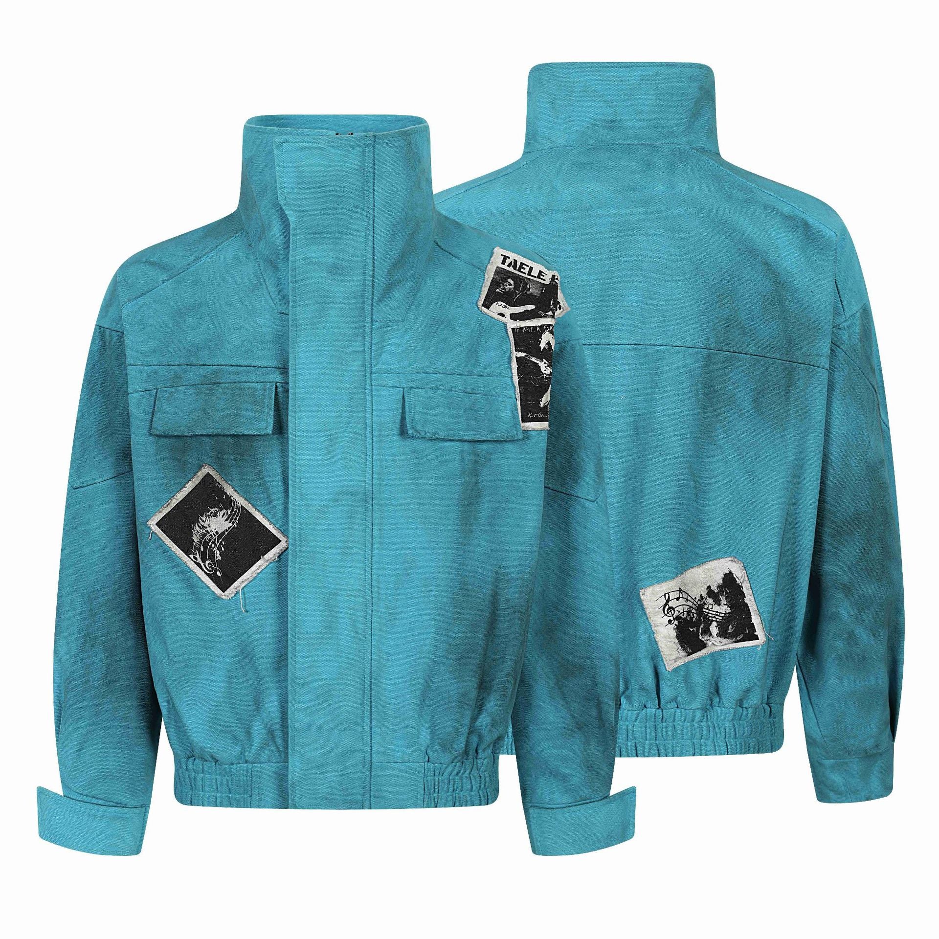Women's Short Boxy Blouson with High Standing Collar, Applied Patches, and Elastic Hem