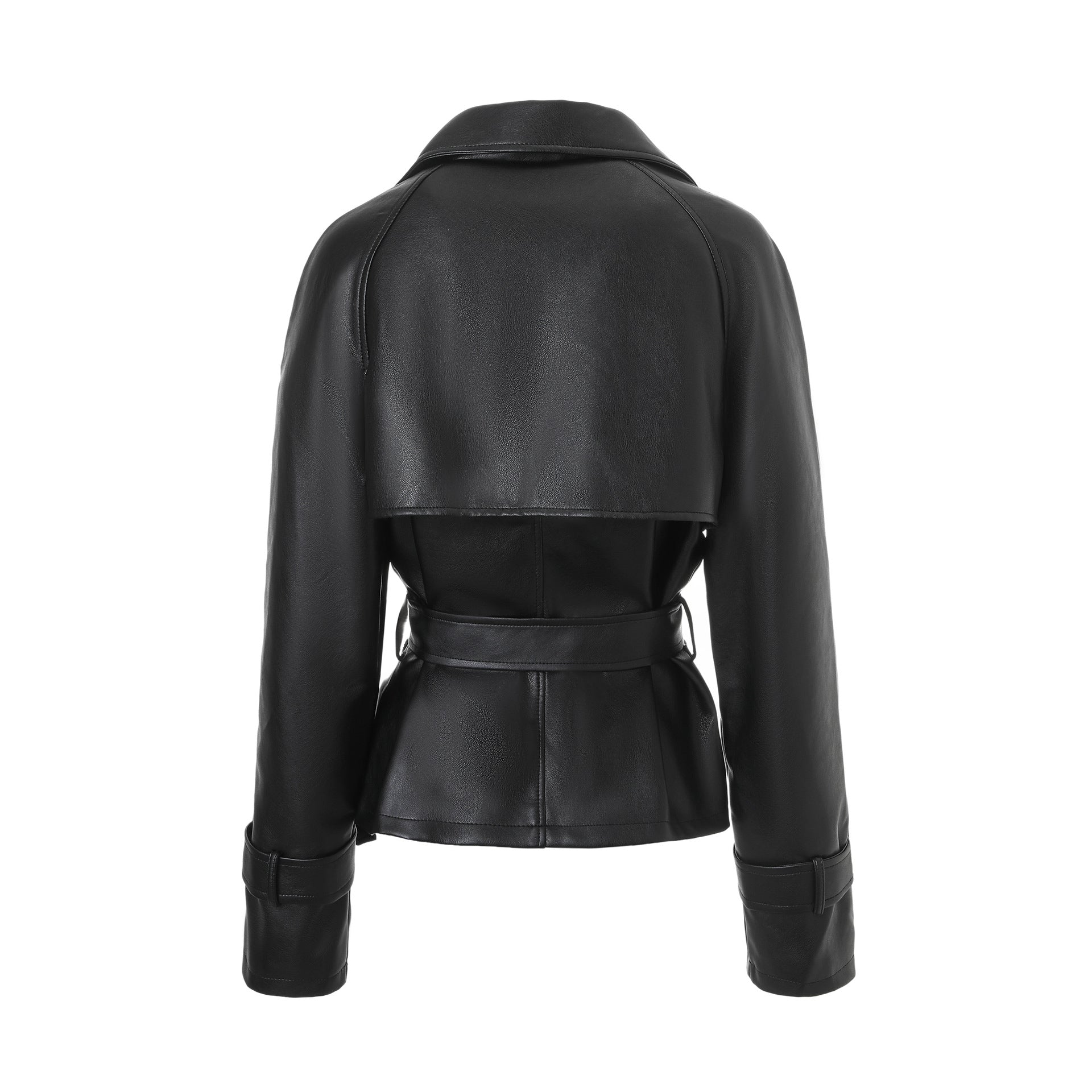 Ladies short trench coat in leather look with double-breasted button placket and waist belt Chichicherry