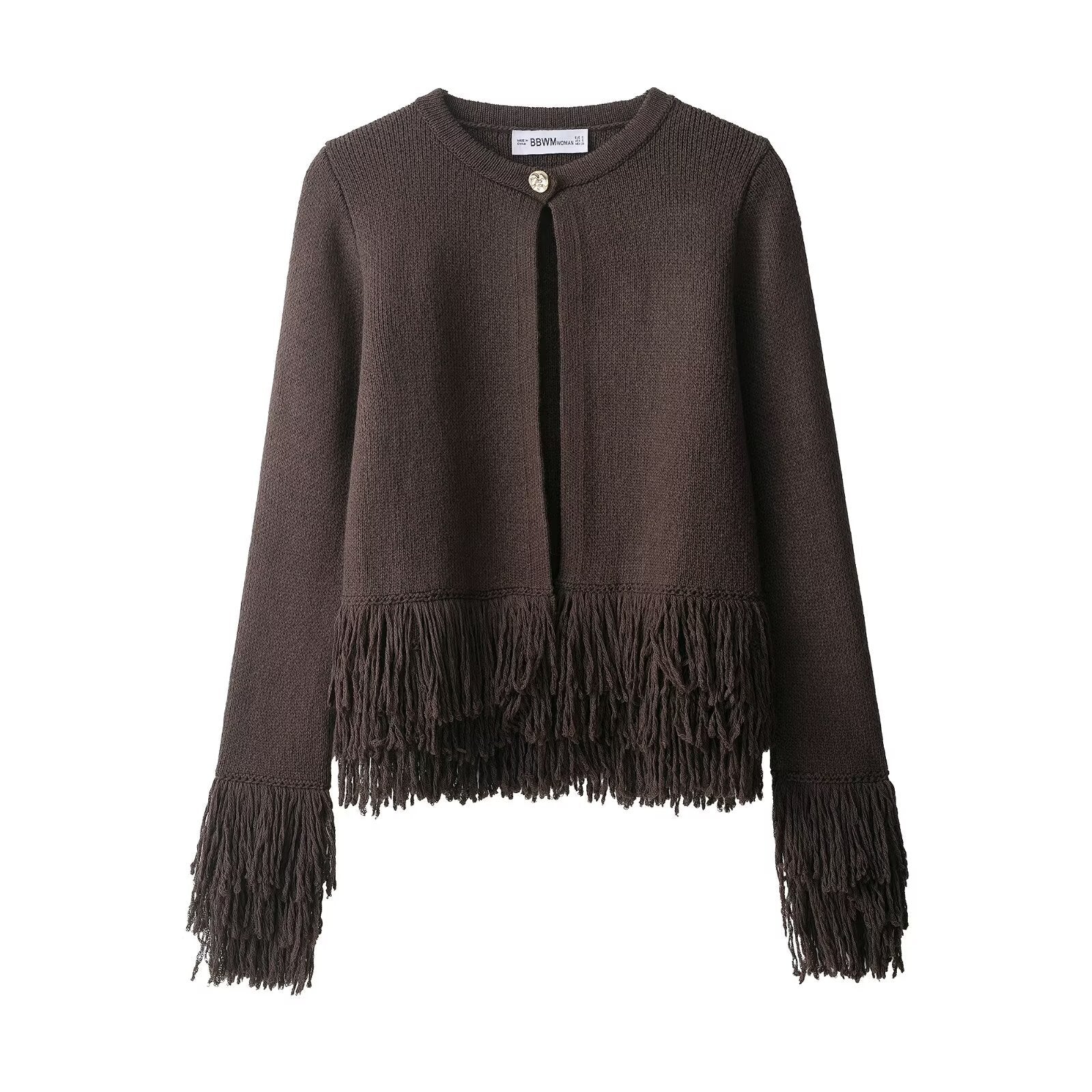 Women's Short Knitted Cardigan with Fringe Trim, Round Neckline and Single Button Closure Chichicherry