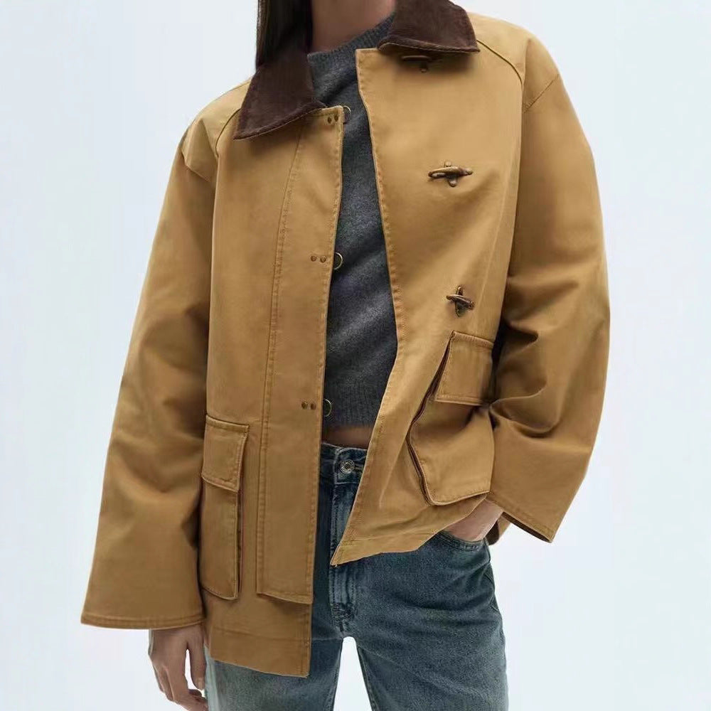 Women Oversize Short Coat with Toggle Closures and Cord Collar Chichicherry