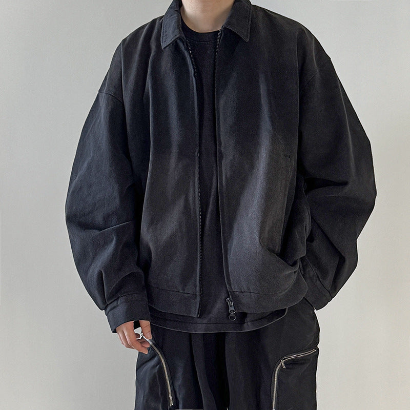 Men's Boxy Bomber Jacket in Suede Look with Shirt Collar, Zipper and Elastic Hem Chichicherry