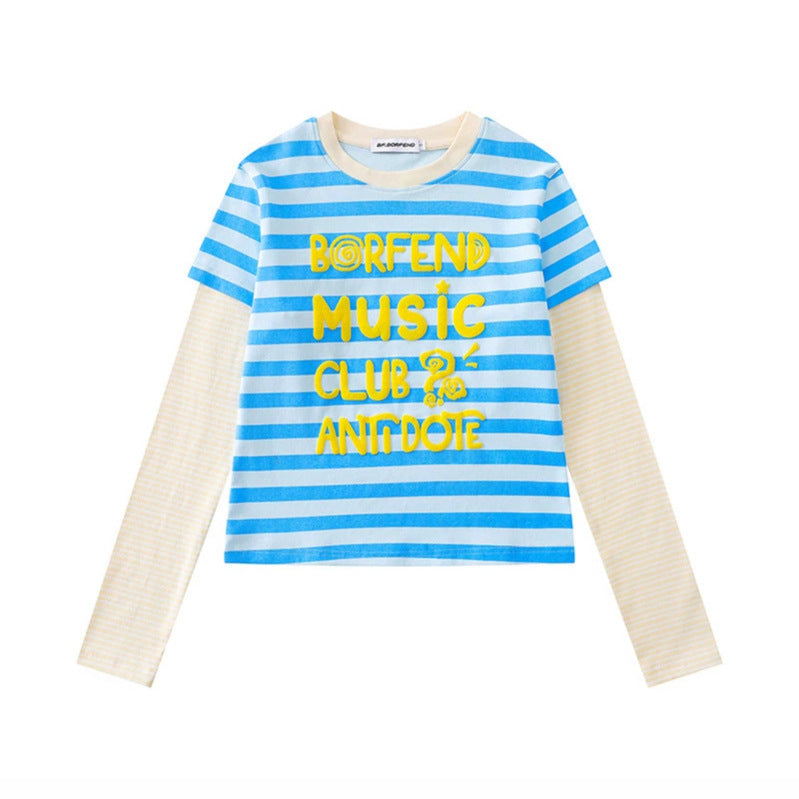 Women's Layered Long Sleeve Shirt in Layer Look with Contrasting Striped Sleeves and Typographic Print Chichicherry