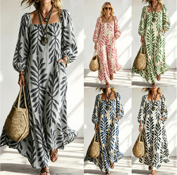 Women's maxi dress with square neckline, balloon sleeves and botanical print Chichicherry