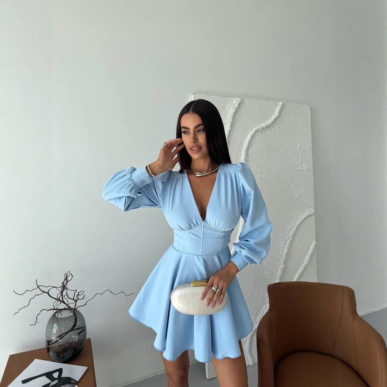 Damen Korsett-Detail Mini-Kleid mit Puffärmeln und ausgestelltem Rock Chichicherry