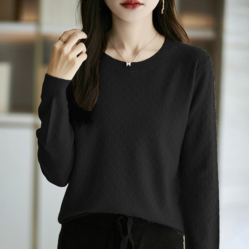 Women's Casual Fine Knit Sweater with Subtle Diamond Pattern and Ribbed Cuffs Chichicherry