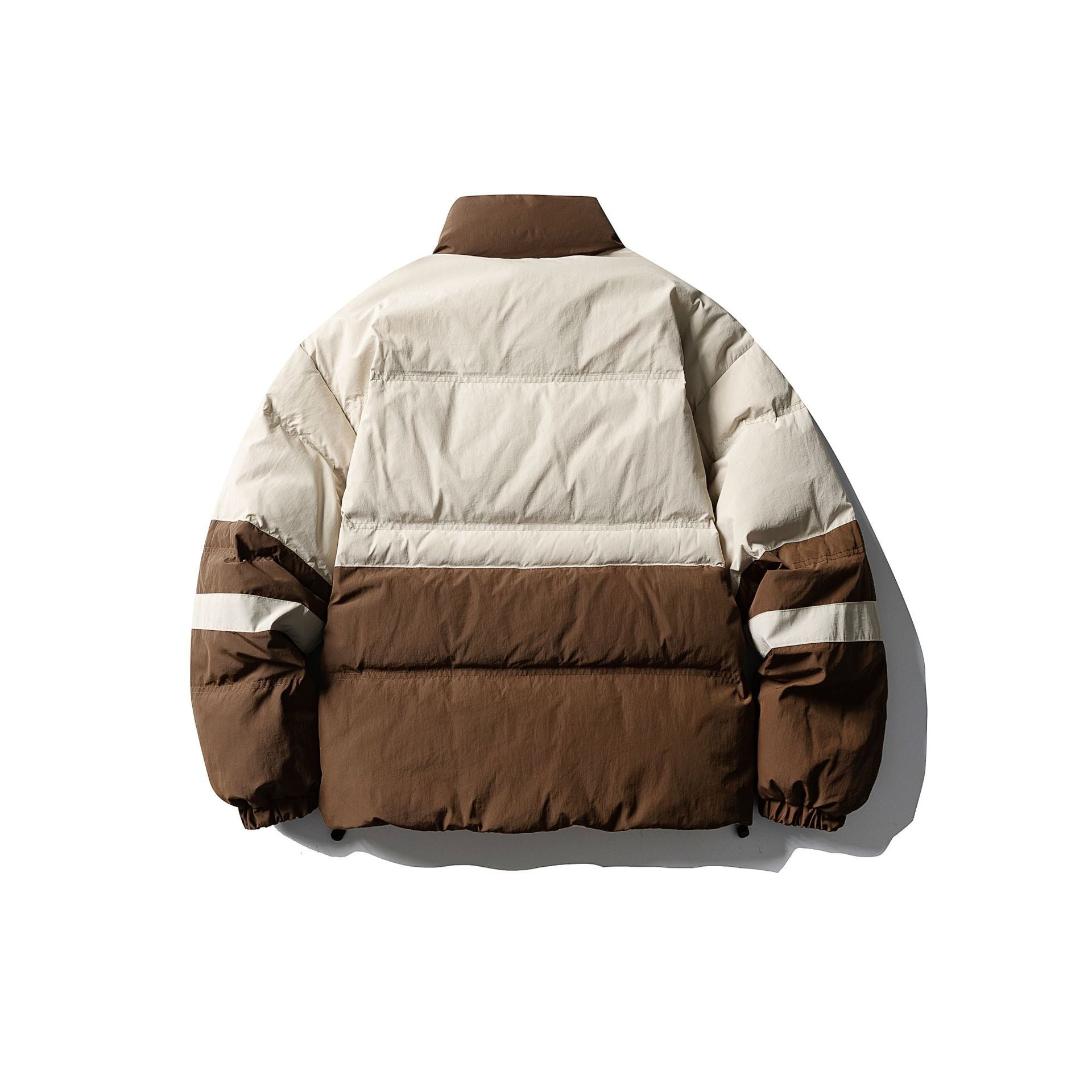 Men's color block quilted short jacket with high stand-up collar and drawstring hem