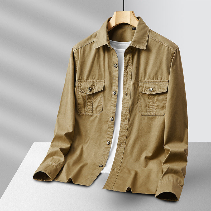 Men's Lightweight Cotton Utility Shirt Jacket with Flap Pockets and Full Button Placket Chichicherry