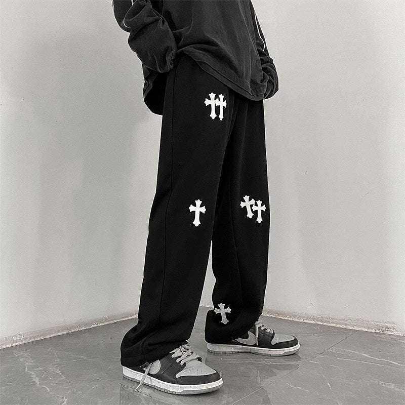 Men's wide cotton jogging pants with all-over cross print and elastic drawstring waistband Chichicherry