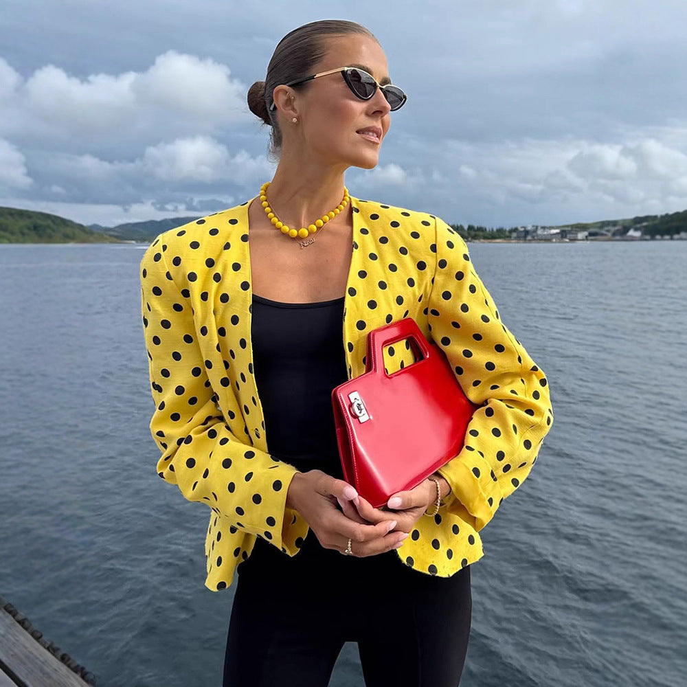Women’s short blazer in vintage dot pattern, boxy cut & lightweight linen mix Chichicherry