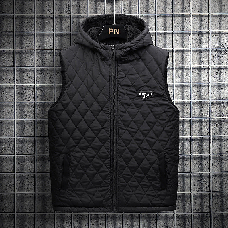 Men's Padded Teddy Fleece Vest with Hood, Full Zip and Letter Patch Chichicherry