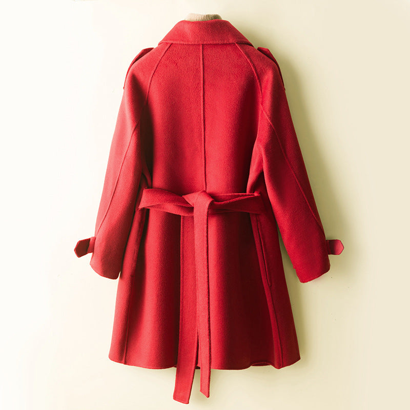 Women's Double-Breasted Wool Blend Coat with Waist Belt, Epaulettes and Adjustable Cuffs Chichicherry
