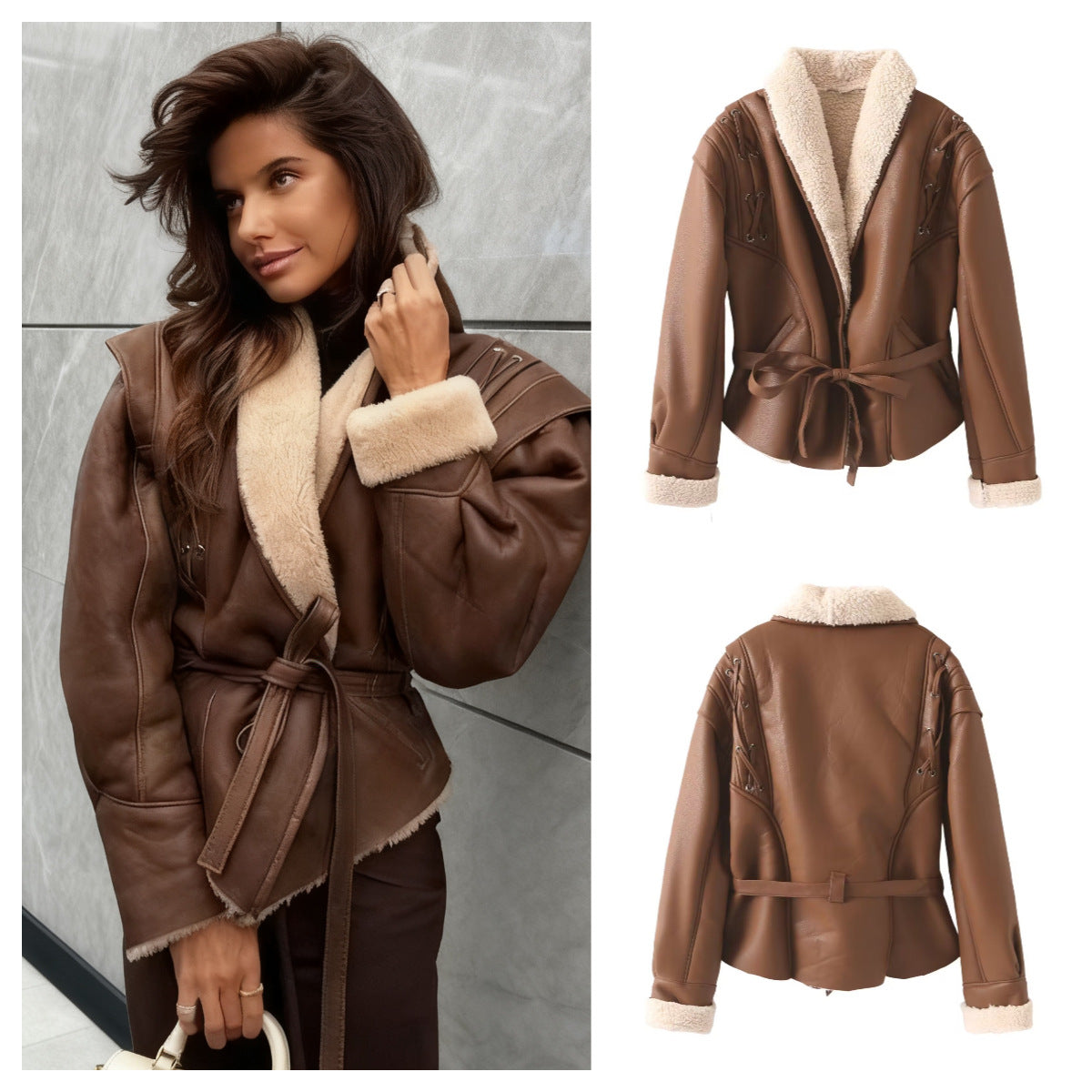 Women's Short Faux Leather Jacket with Teddy Lining, Shawl Collar and Waist Belt Chichicherry