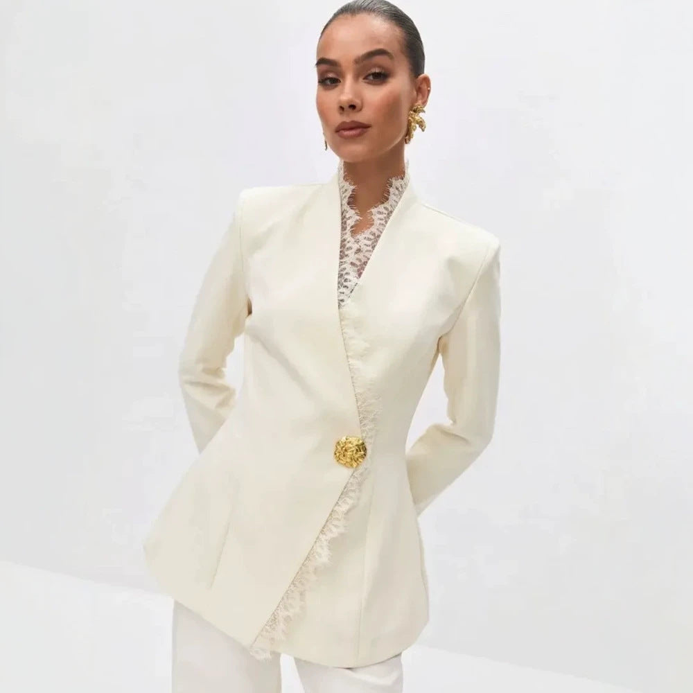 Women's Tailored Blazer with Lace Trim and Decorative Button Chichicherry