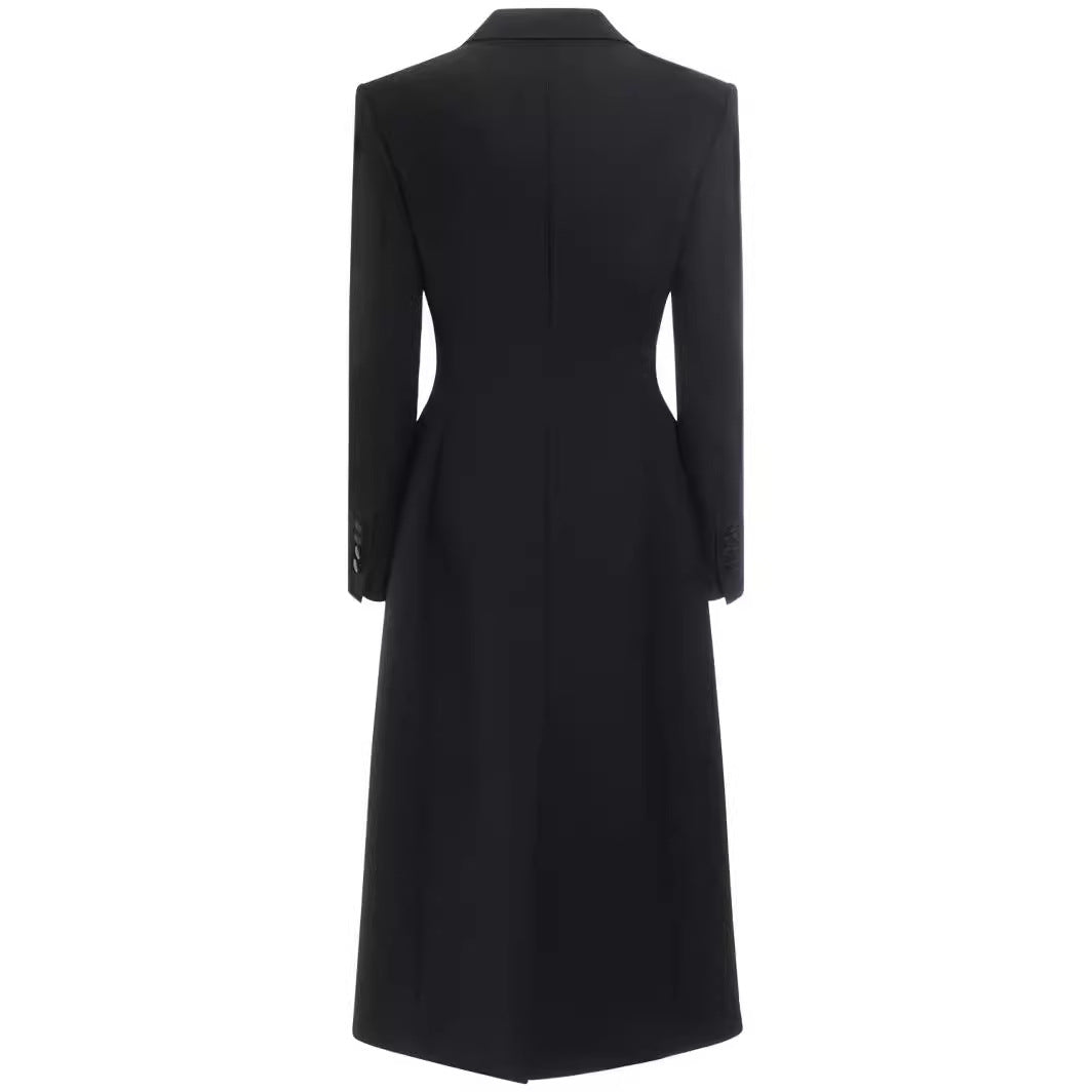 Women's Longline Single-Breasted Coat with Subtle Waist Definition and Peak Lapel Chichicherry