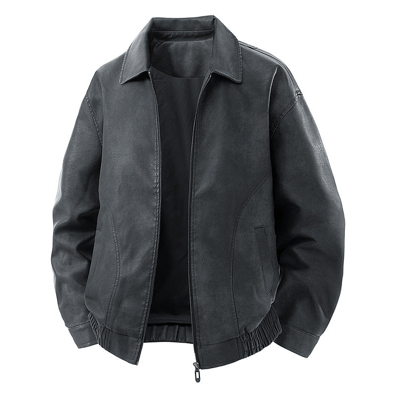 Men's leather bomber jacket with zipper and elastic hem Chichicherry