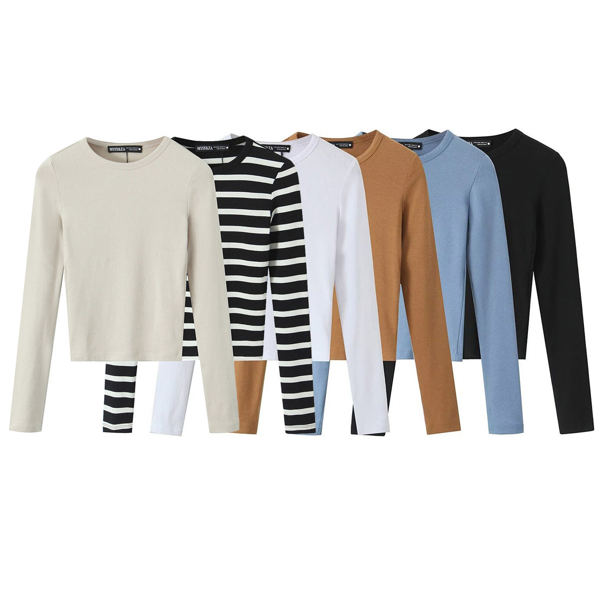Women Striped Cropped Long Sleeve Shirt with Round Neckline Chichicherry