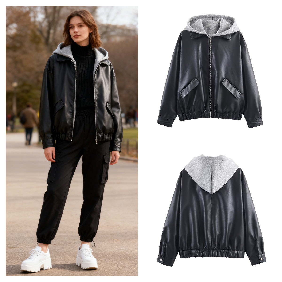 Women's Faux Leather Bomber Jacket with Contrasting Hood in Sweatstyle and Elastic Hem Chichicherry