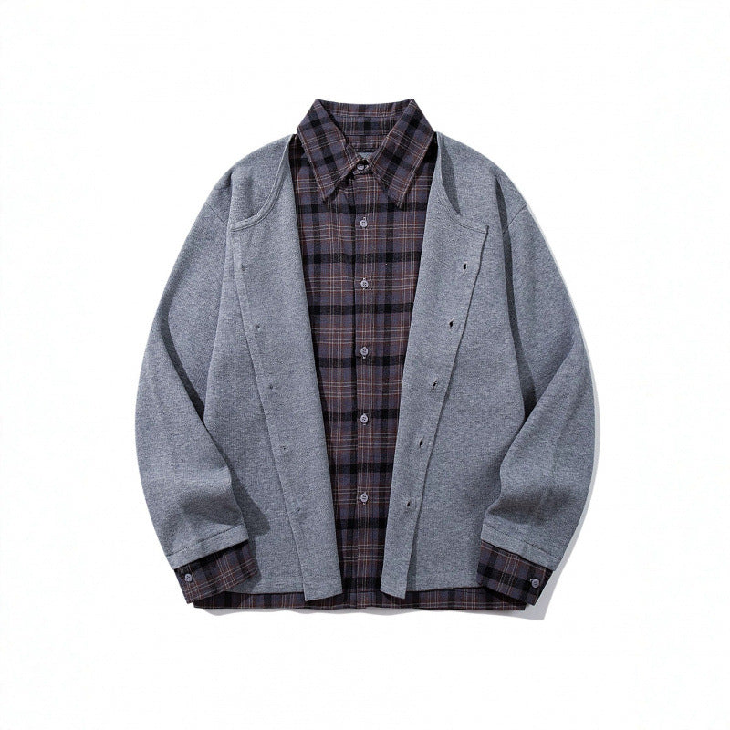 Unisex Layering Set made of checked blouse and open knit cardigan Chichicherry