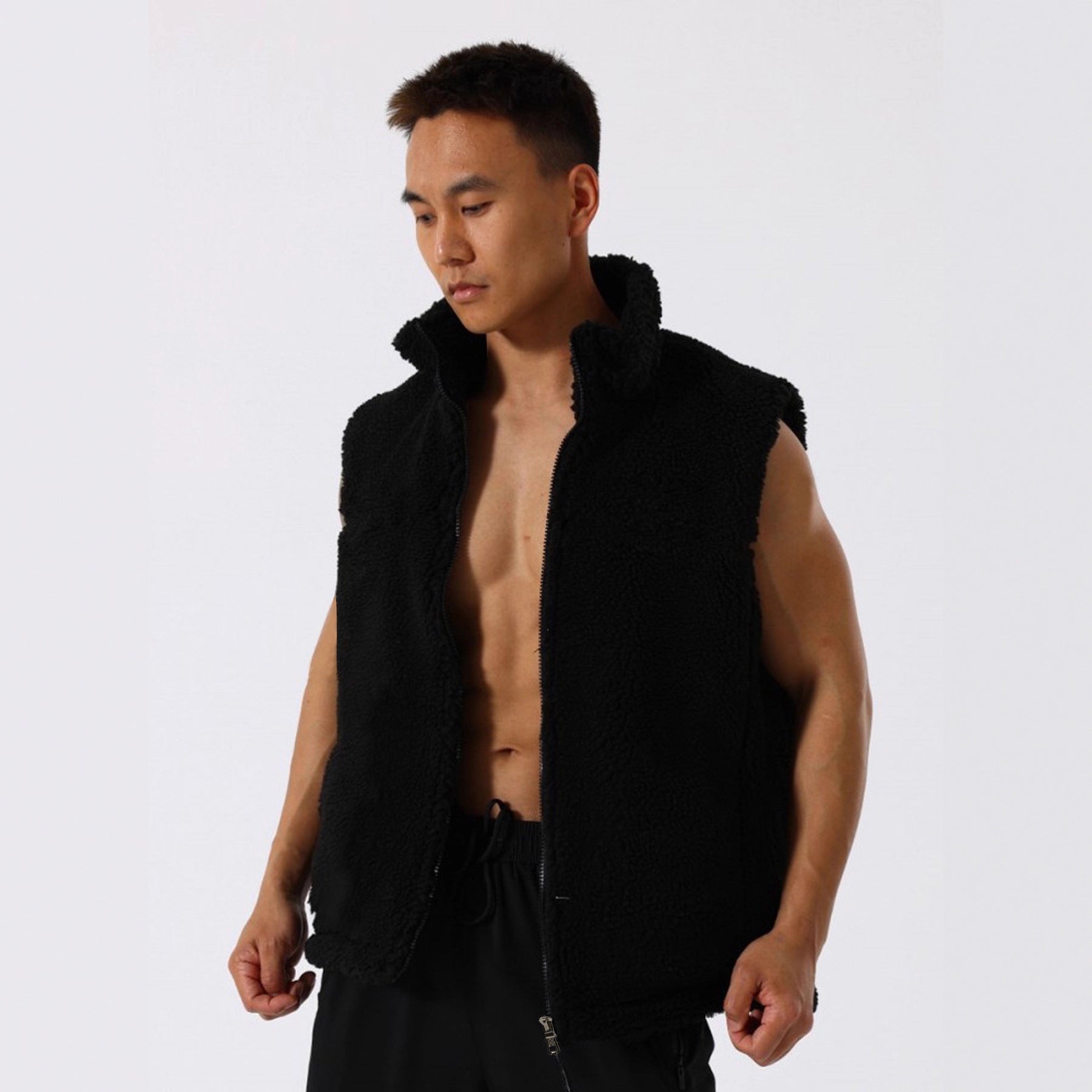 Women's Sleeveless Sherpa Fleece Vest with High Stand-Up Collar and Zipper Chichicherry