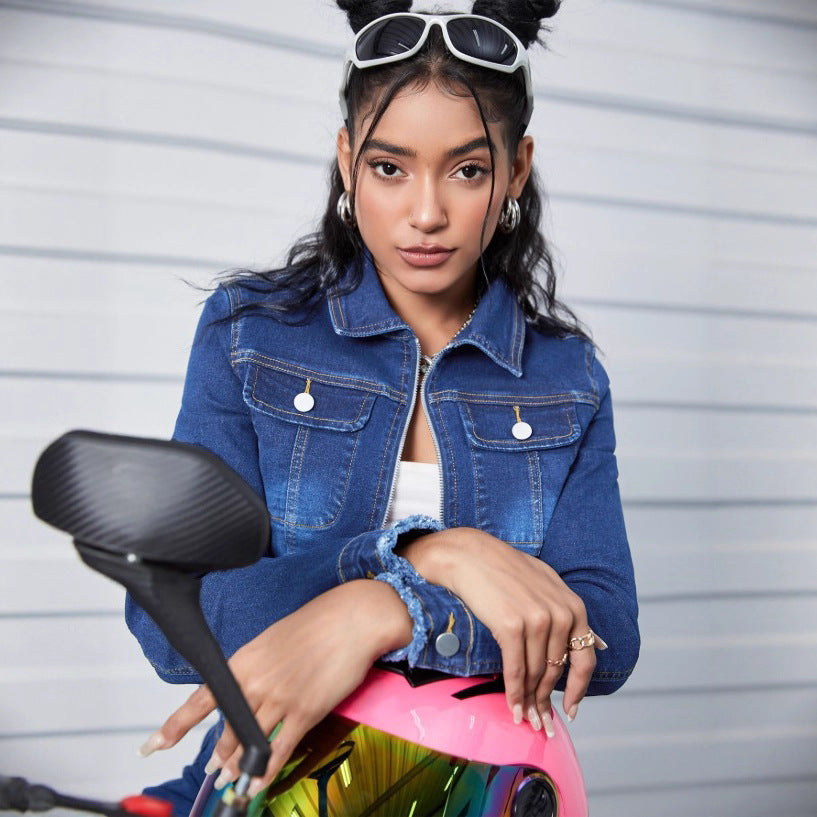 Women Short Waist-Length Denim Jacket with Zip and Frayed Hem Chichicherry