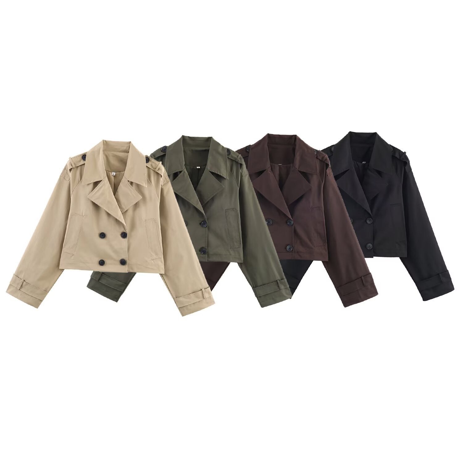 Women's Cropped Double-Breasted Trench Coat with Wide Lapels, Epaulettes and Boxy Cut Chichicherry