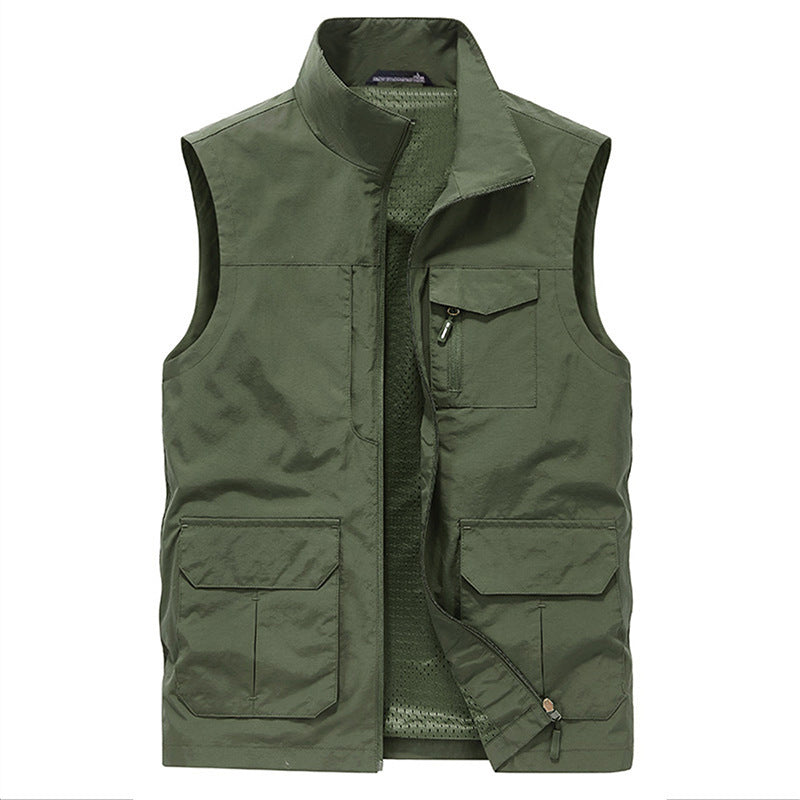Men's Multi-Pocket Utility Vest with Zipper, Mesh Lining and Stand Collar Chichicherry