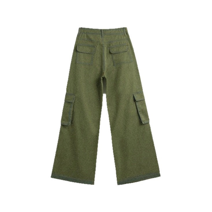 Women's high-waisted cargo jeans with wide leg, multiple flap pockets and straight cut Chichicherry