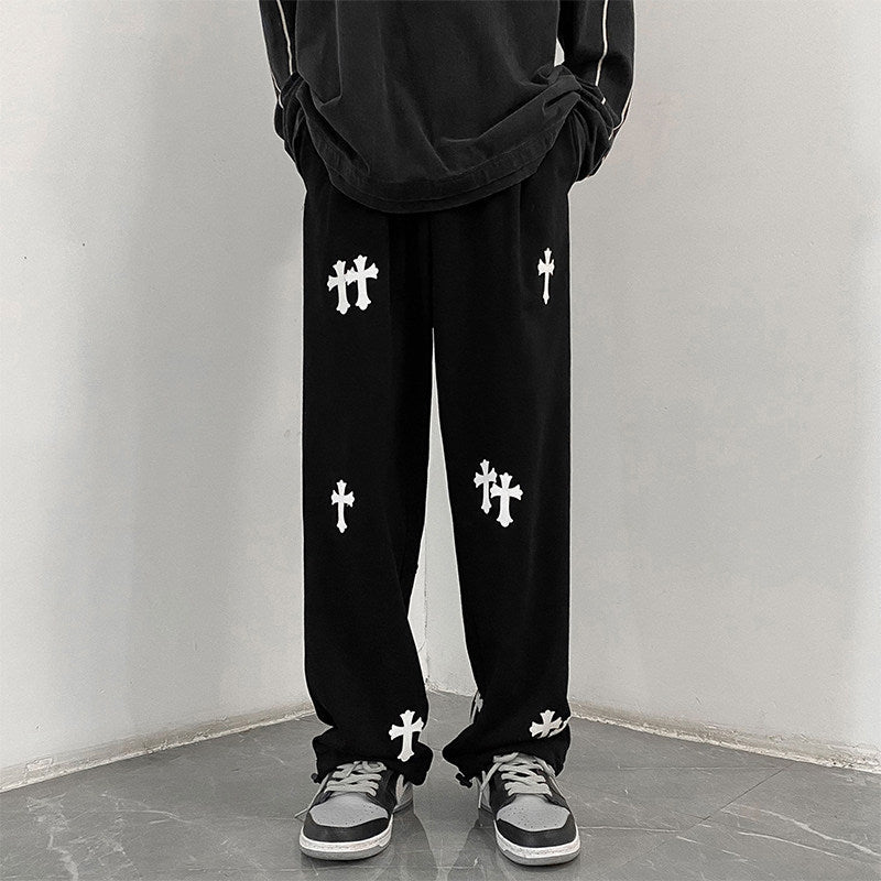 Men's wide cotton jogging pants with all-over cross print and elastic drawstring waistband Chichicherry